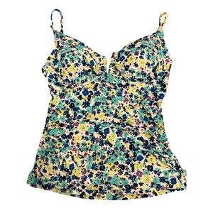 ANNE COLE Floral Tankini Top with Built-In Bra - Blue/Green Print Size M - NWT